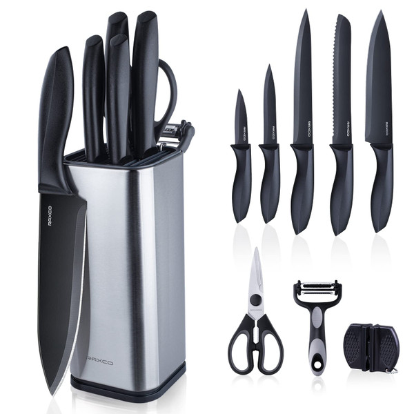 RAXCO Knife Set,10-Piece Stainless Steel Kitchen Knife Set with Block,Black