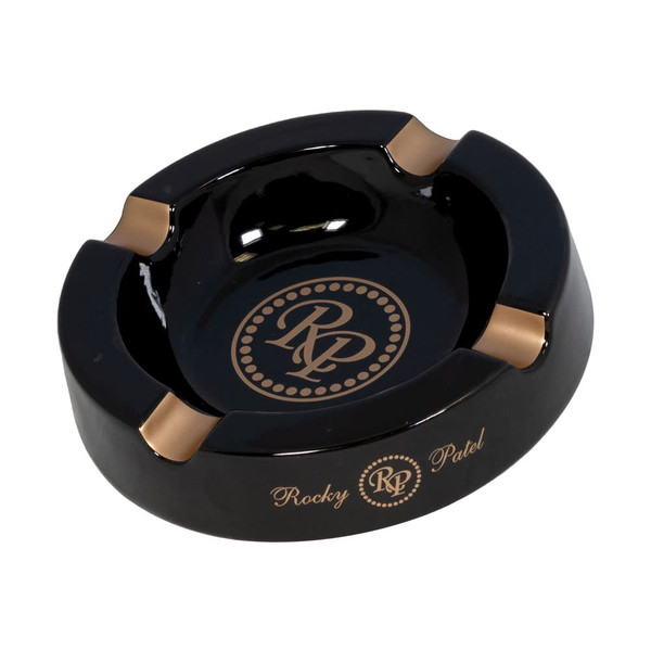 Rocky Patel Ceramic Black Cigar Ashtray – Heavy-Duty Round Design with 4 Gold Cigar Rests – Premium Tabletop Ashtray for Home, Lounge & Outdoor Use
