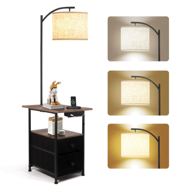 PESRAE Floor Lamp with Table & 2 Drawers, End Table with Lamp, Natural Wood