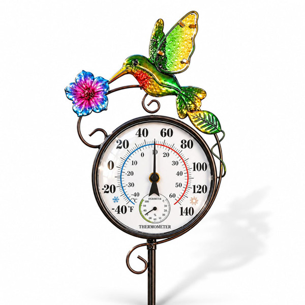 Outdoor Indoor Wall Thermometer with Hummingbird Metal Stake Outside