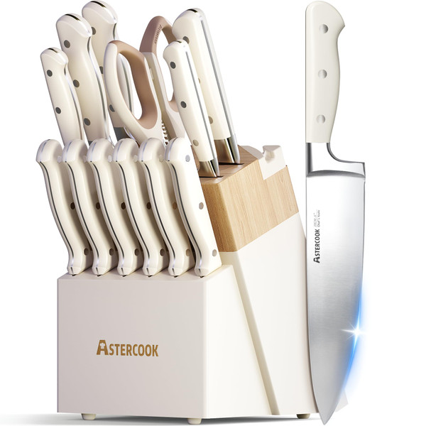 Knife Set,Astercook Kitchen Knife Set with Block 14-Piece Full Tang Stainless Steel Knives with Sharpener Dishwasher Safe and Anti-Slip Ergonomic Handle Utensils Set