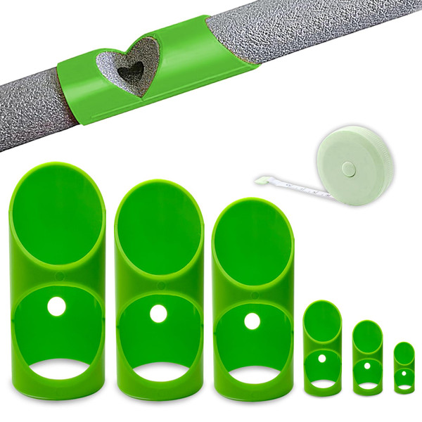 GDGJWL 6PCS Pipe Insulation Cutting Guide， Molded Foam Pipe Cutter Tool with 15MM-53MM Insulation Cutting Fixture for Home/Industrial/Commercial Plumbing + Bonus 59" Tape Measure (Green)