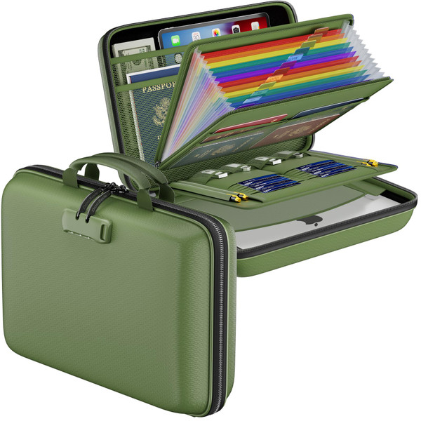 DocSafe Fireproof File Organizer with Lock, Hard-Shell Case Fireproof Document Box with 13 Pocket Accordion File Folder, Portable Home Office Travel Safe Storage for Important Documents Laptop Green