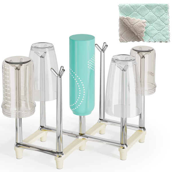 Marbrasse Retractable Cup Drying Rack, Drinking Glass and Sports Bottle Drainer Stand, Plastic Bag Dryer with Non-Slip Bottom for Kitchen Countertop - White