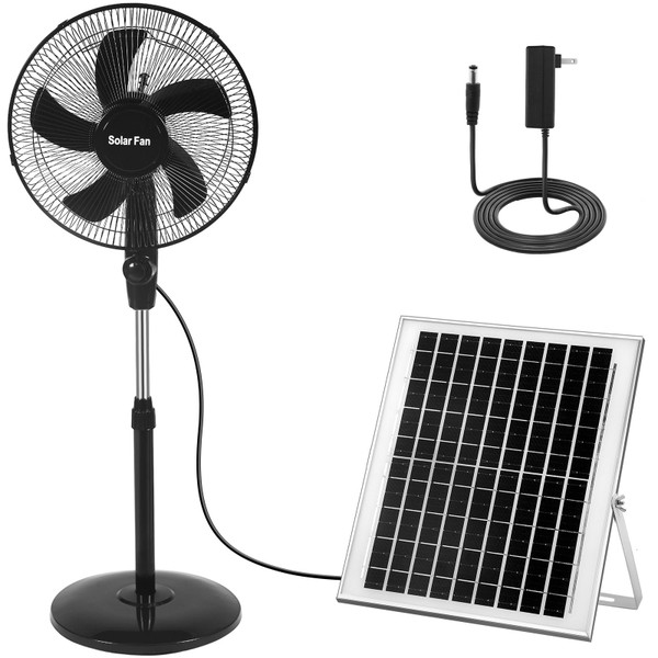 Blosssound 16 Inch Portable Solar Floor Fan Rechargeable Oscillating Standing Pedestal Fan with Solar Panel, 12000mah Battery, Two Charging Methods, 3 Speeds for Home Office Outdoor (Black)
