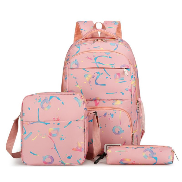 sanjimida 3-Piece 18 Inch School Backpack Set, Letter Print Pattern, Backpack with Lunch Bag and Pencil Case, Black or Pink (Blue)