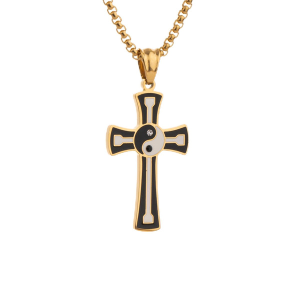 Scddboy Yin Yang Necklace for Men Women Stainless Steel Cross Pendant Necklaces,Chinese Tai Chi Rhinestones Christian Cross