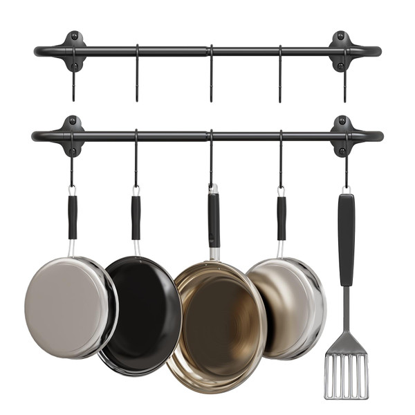 Mogaath 2Pack Hanging Pot Pan Rack, Heavy Duty 5/8'' Diameter Adjustable Kitchen Organizer, 32 Inch Iron Wall Mounted Pot Rack Detachable Rail with 10 Hooks for Pots, Pans, Lids, Utensils, Matte Black