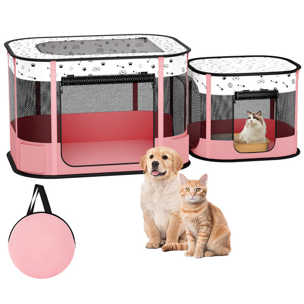 DESELL Portable Cat Playpen, 8-Rod Reinforced Kitten Dog Playpens, Foldable Play Pen for Indoor Cats Enclosed Pet Puppy Doggy Outdoor, Collapsible Tent Kennel Cage, Pink