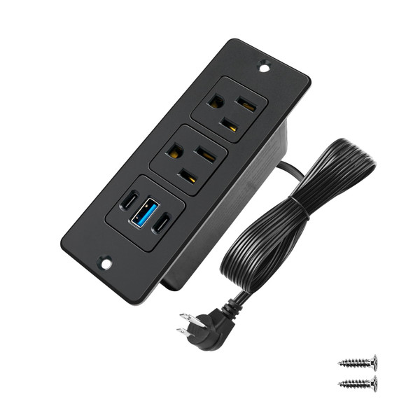 Furniture Recessed Power Strip with USB C 20W & USB A 18W,2 Outlets 3 USB Ports(2 USB C+1 USB A),Flush Mountable Electrical Outlet for Desk Cabinet Nightstand Counter, 6.56ft Flat Plug Cord (Black)