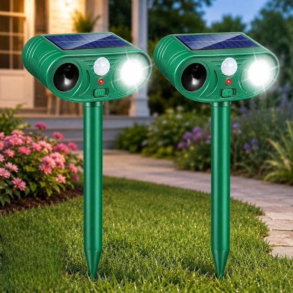Deer Repellent Outdoor 2 Pack, Solar Ultrasonic Animal Deterrent with Flash