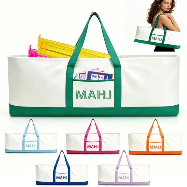 Large American Mahjong Canvas Carry Bag, 33.4 x 13.7 x 4.7 Inches Spacious Mahjong Bag for Tiles, Racks, Game Mats & Gaming Accessories, Portable Travel Organizer Gift for Mahjong Players (Green)