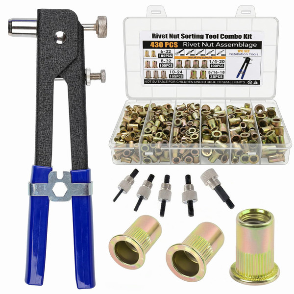 430Pcs SAE Rivet Nut Tool Kit, Imperial Carbon Steel Rivnut Assortment Kit