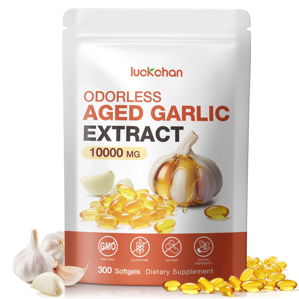 Aged Odorless Garlic Extract 300 Softgels, 10000mg Aged Garlic Supplements for Heart & Immune Antioxidant Support, Natural Organic Garlic Extract Capsules, 2 Years Matured, Non-GMO, Gluten Free