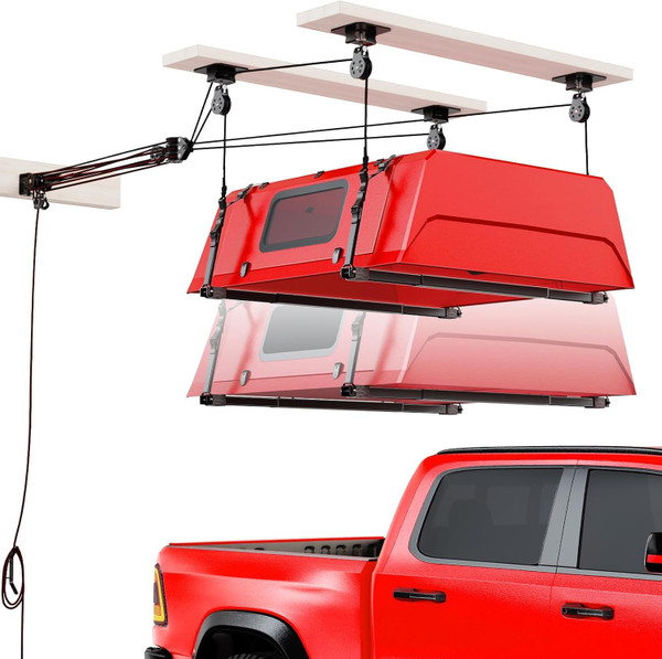 Pacikwest Truck Cap Hoist System for Garage Ceiling 250 lb, Smart 4-Point Self-Leveling Garage Hoist with 8:1 Pulley Lift System, Easy One-Person Overhead Garage Storage Lift for Truck Topper Rack