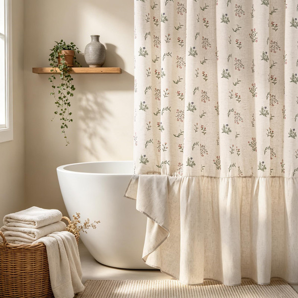 Yinhua Farmhouse Shower Curtain, Linen Floral Shower Curtain, 72"W x 72"L