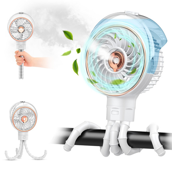 Ausic Portable Misting Stroller Fan with Detachable Tripod, Max 16H Rechargeable Clip on Fan for Baby Car Seat Crib, Quiet Cooling Fan for Theme Park Travel, Beach Essentials & Baby Registry Gifts
