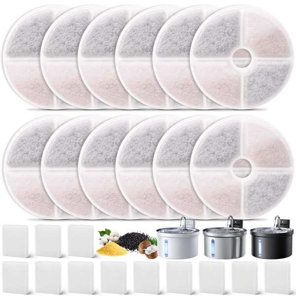 24 Pack Cat Water Filters for FEELNEEDY 3.5L/ 118oz Water Fountain FN-W08L, Ion Exchange Resin with Coconut Shell Activated Carbon Filter Refills, 12 Pack Filters & 12 Pump Sponges