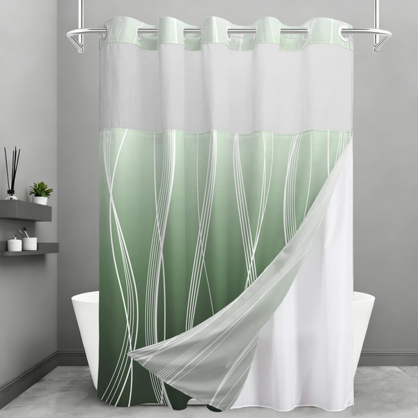 TWLSNCD Extra Long No Hook Shower Curtain and Liner Set, Ombre Green Striped Shower Curtains with Snap in Fabric Liner, Hotel Ringless Waterproof Washable with See Through Top Window, 71" x 84"
