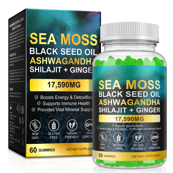 Vceeoy Sea Moss Gummies, SeaMoss Gummy with Black Seed Oil,Ashwagandha,Natural Ingredients Shilajit & Ginger for Men & Women, 60 Gummies