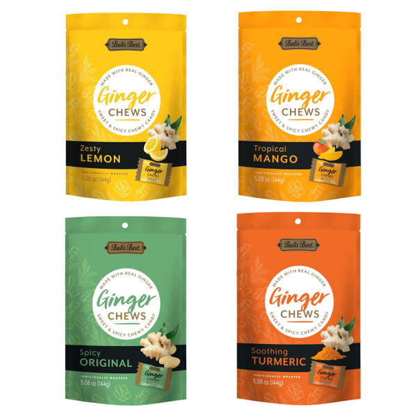 Bali's Best Ginger Chews, Variety Pack, 5.08 Oz (4 Pack), Individually Wrapped Soft Candy, Made with 100% Real Ginger, Digestive Health Support, Upset Stomach Relief, Halal