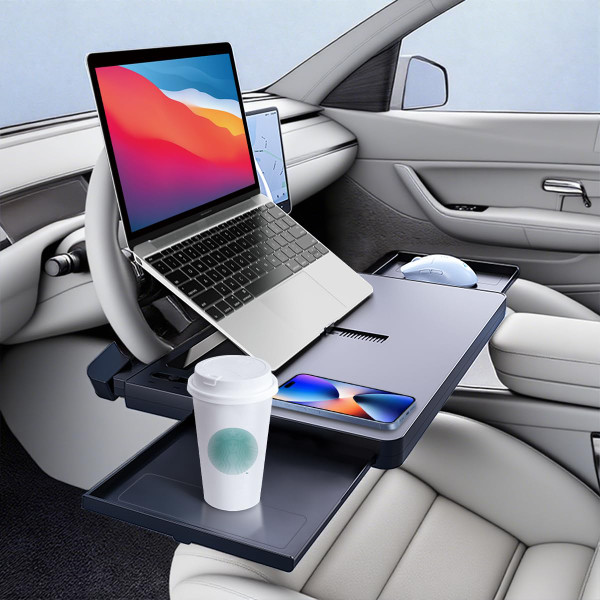 2 in 1 Large Steering Wheel Desk with Dual Slide-Out Trays, Car Laptop Tray
