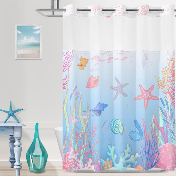 TWLSNCD No Hook Shower Curtain with Liner, Coastal,Blue Pink,71x74