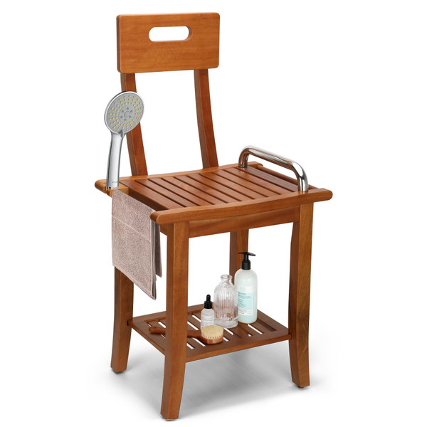 Teak Shower Chair with Handles and Backrest, 18.7" Teak Shower Bench