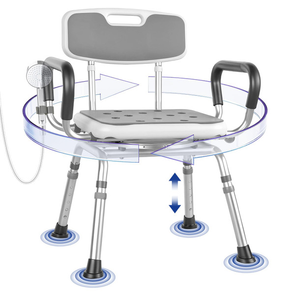 Deluxe Swivel Shower Chair with Arms & Back by CZMY, 360° Locking Seat, 5-Level Height Adjustable, Padded Heavy-Duty Bath Chair, 350 lbs, for Seniors, Elderly, Handicap & Disabled