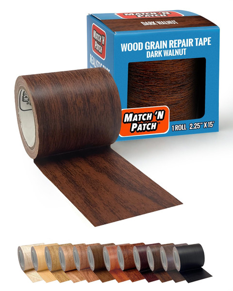 MATCH 'N PATCH Wood Grain Repair Tape - Dark Walnut, 2.25 in x 15 ft (1-Pack) – Wood Grain Colored Duct Tape for Mirror Frame, Trim, Borders, Floor and Other Furniture, Scratch Repair Kit