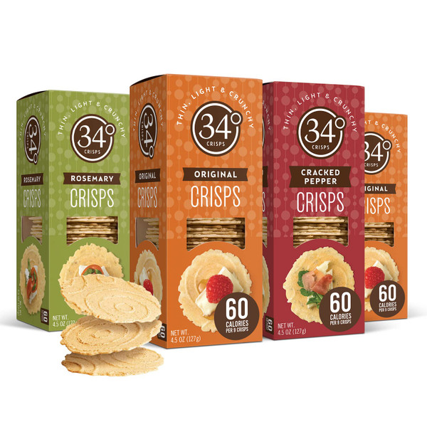 34 Degrees Crisps | Entertaining Variety Pack - 2 Original, 1 Cracked Pepper, 1 Rosemary | Thin, Light & Crunchy Variety Pack Crisps, 4 Pack (4.5oz each)