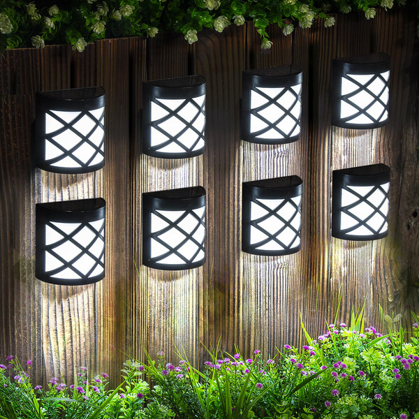 GIGALUMI 8 Pack Solar Fence Light Cold White Porch Solar Powered Decor Outdoor Waterproof Wall Fence Lights for Garden, Yard, Patio, Front Door, Garage