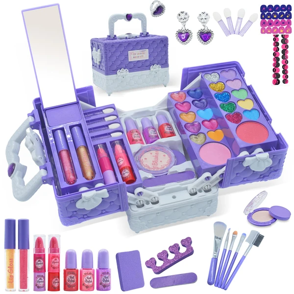 Kids Makeup Sets for Girls - 52 PCS Safe and Washable Makeup for Kids, Real Toddler Makeup Kit with Cosmetic Case, Girls Toys Age 4-12, Princess Toys Birthday Gifts(Dark Purple)