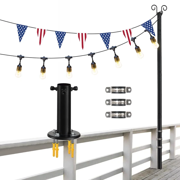String Light Poles, 12.6 FT Light Poles for Outside Patio, Outdoor Deck Lighting Poles with Brackets for Fence and Base for Wood Concrete Mount, Heavy Duty Metal Stand Hanging Garden Party Decoration