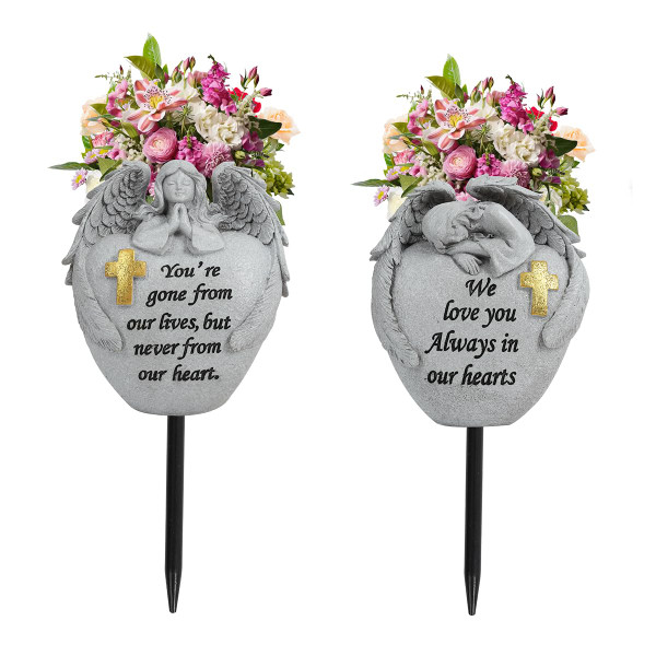 Cemetery Flowers for Grave Angel and Cross Cemetery Cemetery Memorial Vase, Cemetery Flower Grave,2-Piece Angel Cemetery vase with Iron Spikes,Garden Decoration Memorial Gift for Lost Love (1white)
