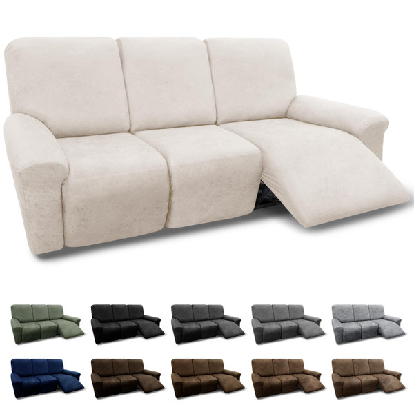Pfrstuv Couch Cover 8-Pieces Sofa Covers Washable Recliner Sofa Covers 3 Seater Leather Look Recliner Slipcovers with Pockets Spandex Fabric Furniture Covers(Recliner Sofa, Beige)