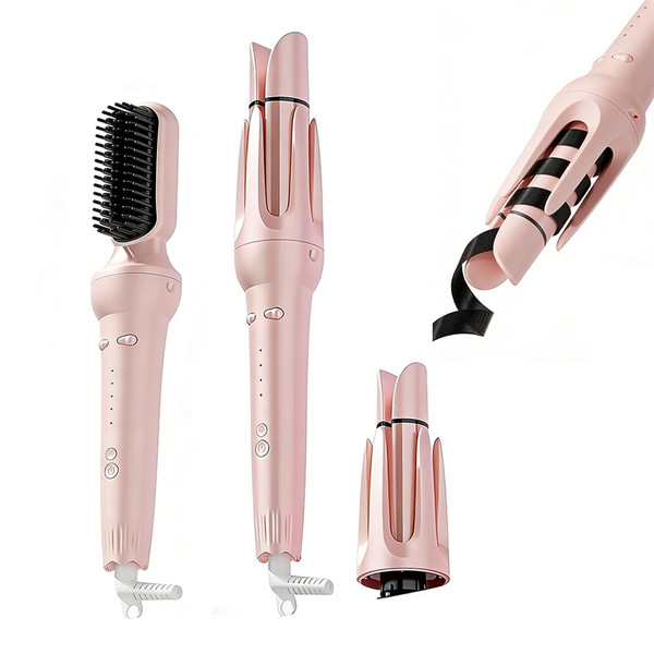 3-in-1 Automatic Curling Iron - Interchangeable Barrels(32& 38mm) & Straightening Brush, 4 Heat Settings, One-Button Auto-Clamp, Dual Anti-Scald, 10s Fast Heating for Travel