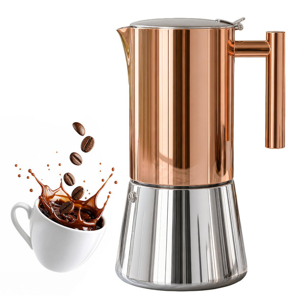 Stainless Steel Moka Pot, 12-Cup Stovetop Espresso Brewer, 600ml Rose Gold
