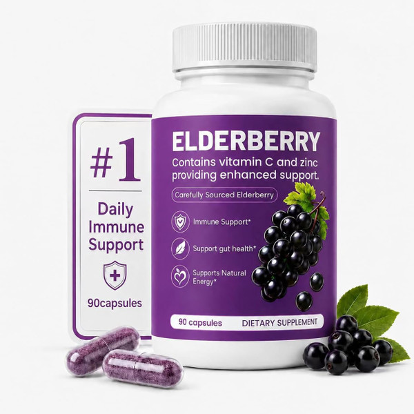 QLONU Elvera Elderberry Gut Support with 1200mg Elderberry Extract, Vitamin C and Zinc | Daily Immune & Digestive Balance for Everyday Wellness & Healthy Metabolism 90 Capsules