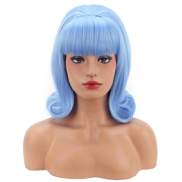 MAGQOO Blue Wig Women Short Light Blue Wig with Bangs Retro Bouffant Beehive Wigs 60s 70s 80s Costume Cosplay Halloween Party with Wig Cap