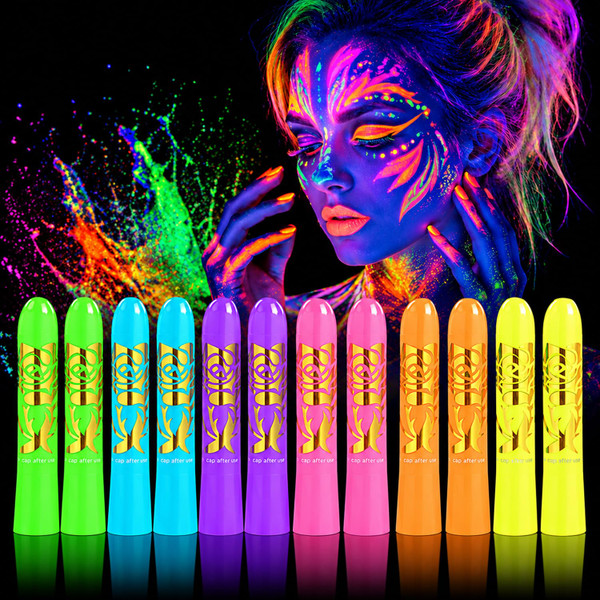 12 Pack UV Neon Face & Body Paint Sticks, Vibrant Black Light Reactive Colors for Halloween, Rave Parties, Festivals, Cosplay Makeup & Body Art, Easy Apply Washable Formula(12color stick)