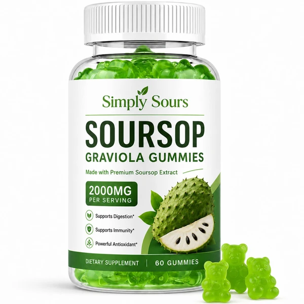 SIMPLY SOURS Soursop Gummies, 2000mg Graviola Extract, Plant-Based Daily Wellness Supplement for Digestion, Immune & Antioxidant Support, Vegan, 60 Gummies