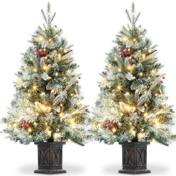 2 Pcs 3ft Prelit Artificial Christmas Tree with Lights, Snow Flocked Xmas Tree with LED Pre-lit, Small 3 ft Potted Christmas Tree with 78 Warm White Lights & Vintage Pot Base, Xmas Decoration Set of 2