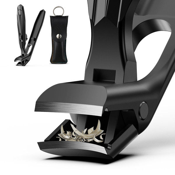 FVION Ergonomic Angled Toenail Clippers for Thick Nails – Long Handle Nail Cutter with Lock & Catcher, Stainless Steel Clippers for Seniors, Men & Women （Black）