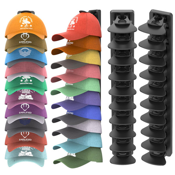 HeQe Hat Organizer for Baseball Caps Hold Up to 40 Hats, 2 Pack Hat Rack for Wall, Strong Adhesive Hat Storage Display Holder for Closet Door and Wall (Black)