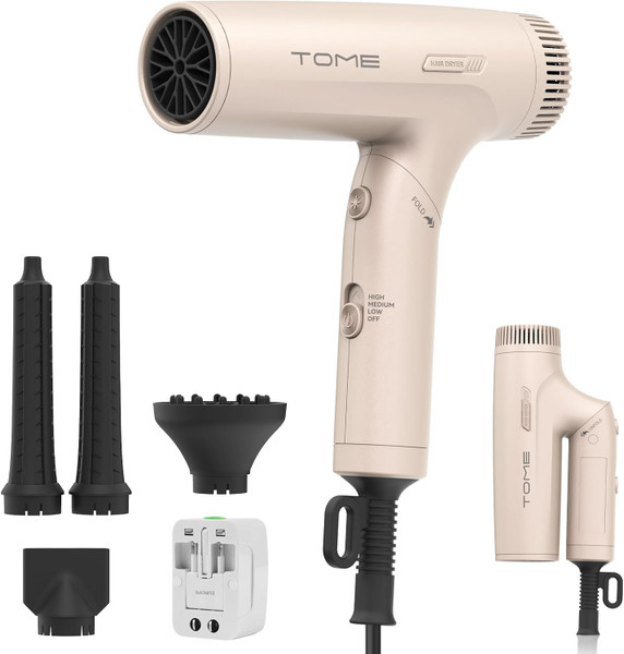 TOME HD303 Foldable Hair Dryer, 1200W Dual Voltage, Diffuser & Nozzle