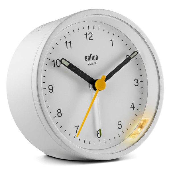 Braun Classic Analogue Alarm Clock with Snooze and Light, Quiet Quartz Movement, Crescendo Beep Alarm in White, model BC12W.