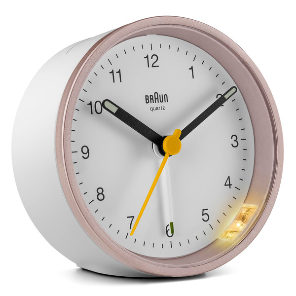 Braun Classic Analogue Alarm Clock With Snooze And Light, Quiet Quartz Movement, Crescendo Beep Alarm - Pink/White BC12PW