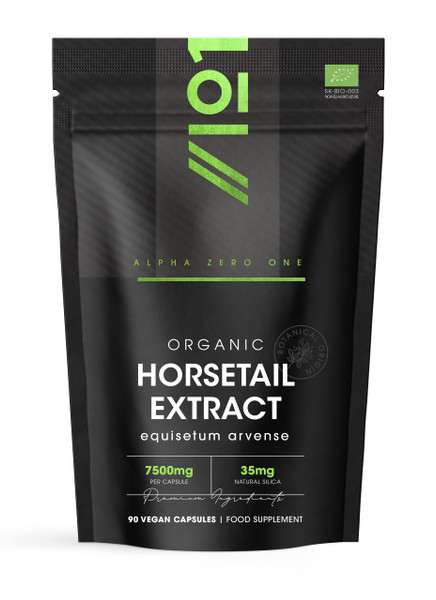 Organic Horsetail Extract 7500mg – 7% Silicia from High Strength 15:1 Extract – 90 Vegan Capsules (3 Months Supply) – Resealable and Recyclable Pouch by Alpha01