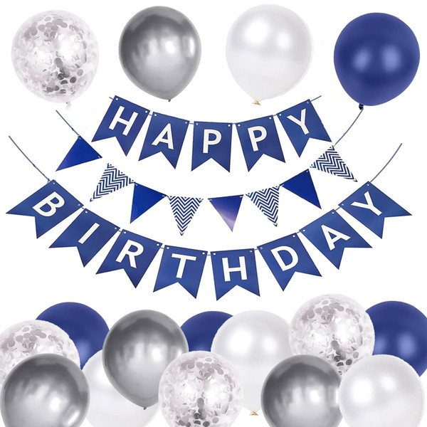 Navy Blue Happy Birthday Banner, Balloons, Ribbons & Banners for Decoration - Birthday Party Supplies